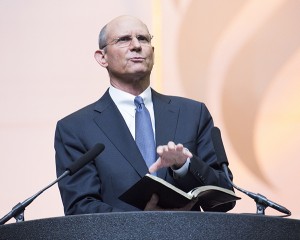The 60th General Conference Session of the Seventh-day Adventist Church, Alamodome, San Antonio, Texas, USA, July 2-11, 2015. Sabbath School and Church Alamo Dome.  Ted Wilson President of the World Church speaks during the worship service.